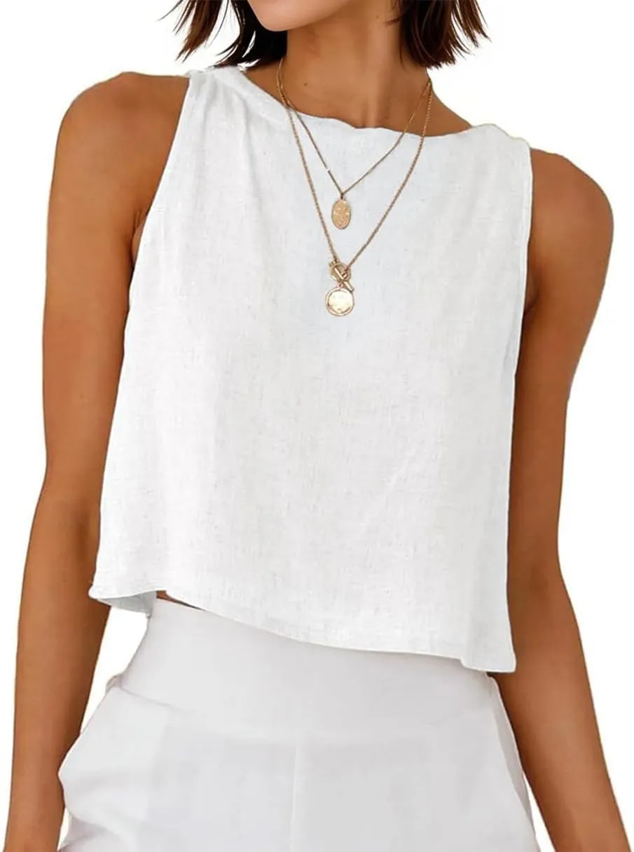 Mywinway Linen Tank Tops for Women Cotton Summer Sleeveless Cropped Casual Fashion Cute Tops