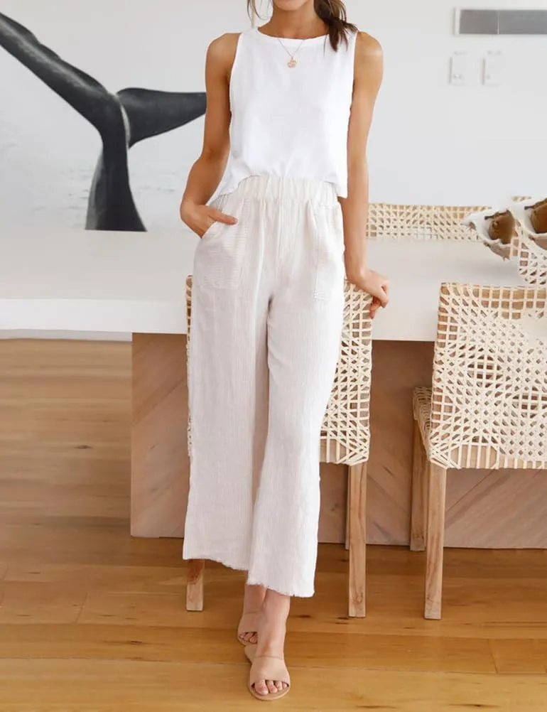 Mywinway Linen Tank Tops for Women Cotton Summer Sleeveless Cropped Casual Fashion Cute Tops