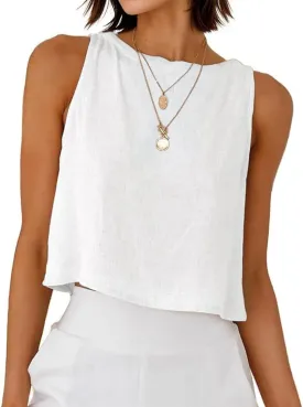 Mywinway Linen Tank Tops for Women Cotton Summer Sleeveless Cropped Casual Fashion Cute Tops