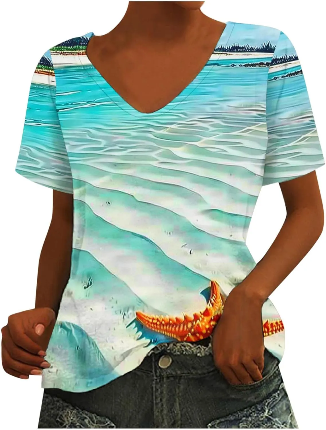 Mzkdieey Women's Ocean Life T Shirt 3D Novelty Graphic Tees Vintage Short Sleeve V Neck Tops Summer Casual Beach Tunic Blouse