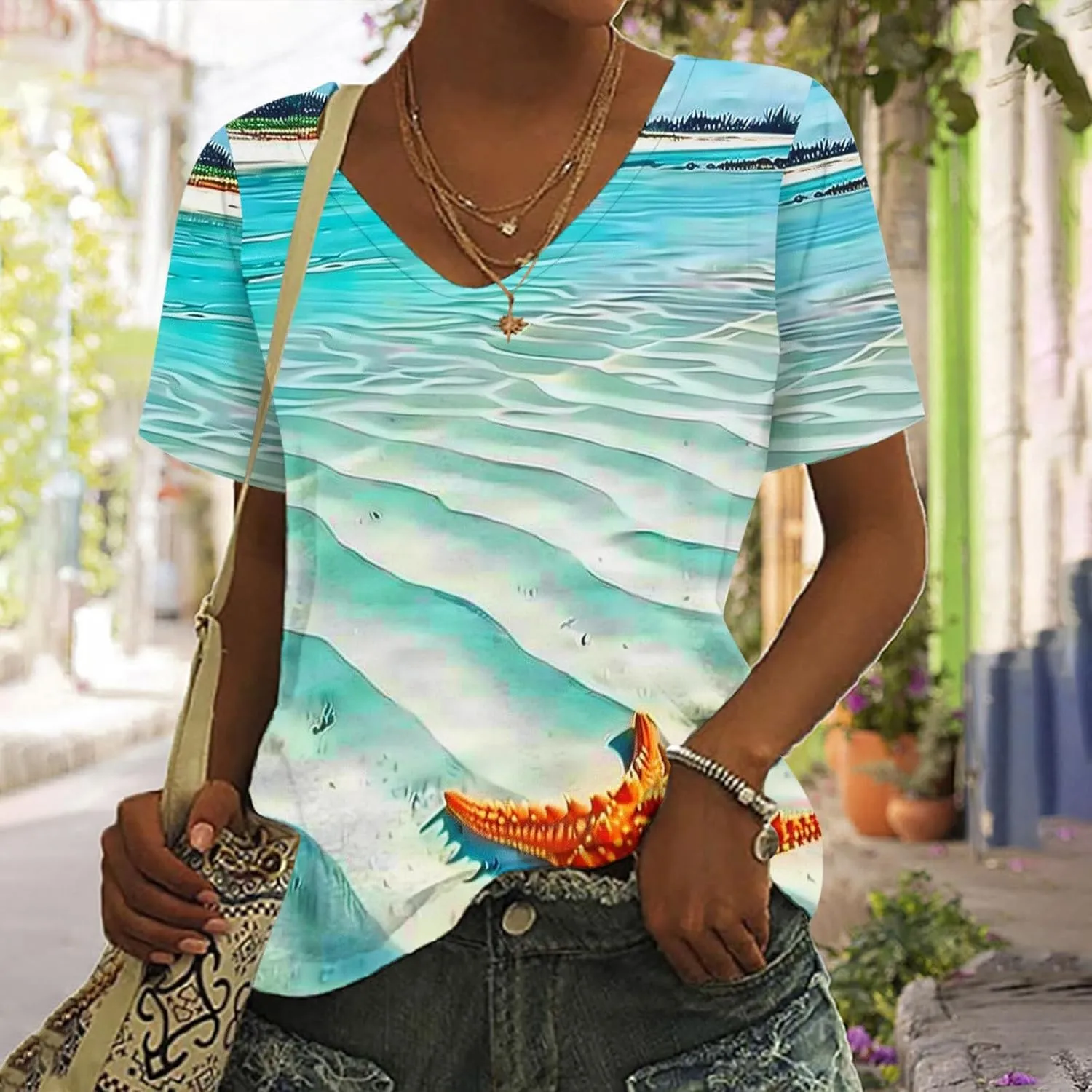 Mzkdieey Women's Ocean Life T Shirt 3D Novelty Graphic Tees Vintage Short Sleeve V Neck Tops Summer Casual Beach Tunic Blouse