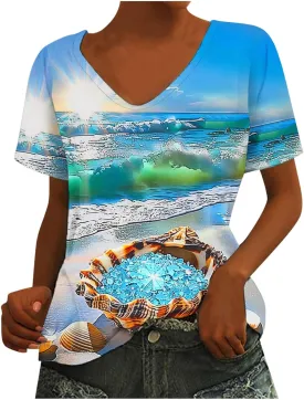 Mzkdieey Women's Ocean Life T Shirt 3D Novelty Graphic Tees Vintage Short Sleeve V Neck Tops Summer Casual Beach Tunic Blouse