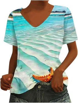 Mzkdieey Women's Ocean Life T Shirt 3D Novelty Graphic Tees Vintage Short Sleeve V Neck Tops Summer Casual Beach Tunic Blouse
