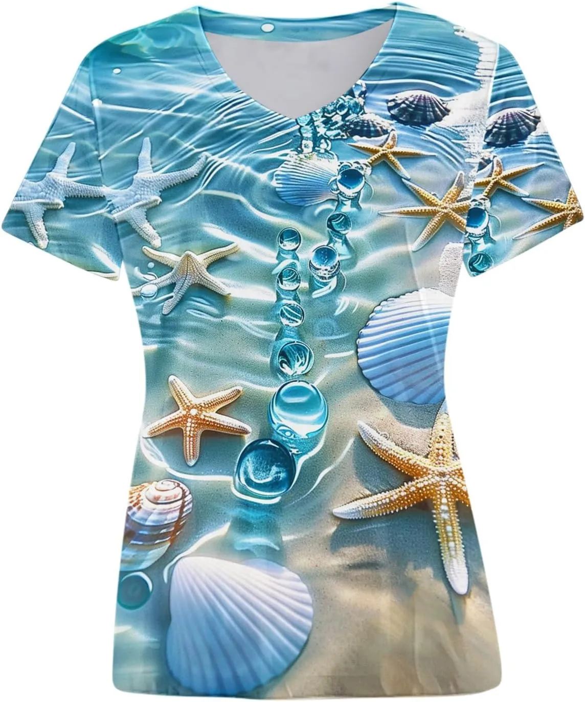 Mzkdieey Women's Ocean Life T Shirt 3D Novelty Graphic Tees Vintage Short Sleeve V Neck Tops Summer Casual Beach Tunic Blouse