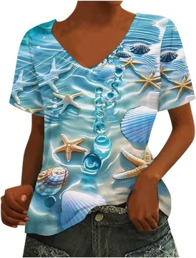 Mzkdieey Women's Ocean Life T Shirt 3D Novelty Graphic Tees Vintage Short Sleeve V Neck Tops Summer Casual Beach Tunic Blouse