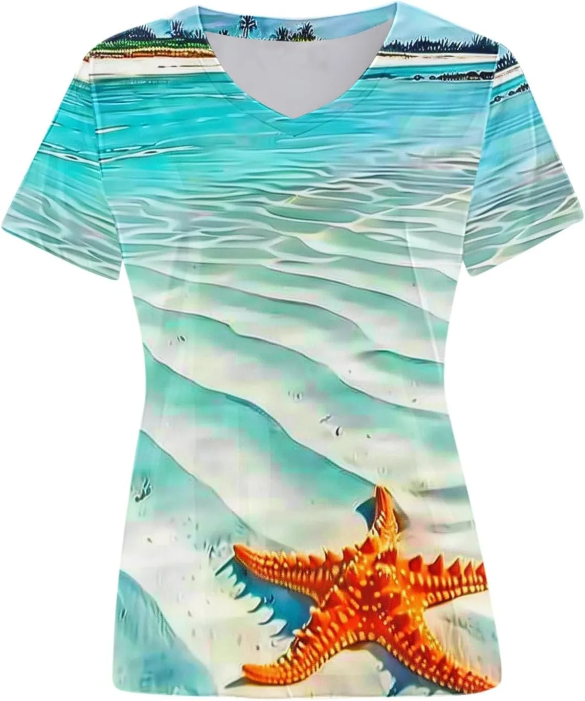 Mzkdieey Women's Ocean Life T Shirt 3D Novelty Graphic Tees Vintage Short Sleeve V Neck Tops Summer Casual Beach Tunic Blouse