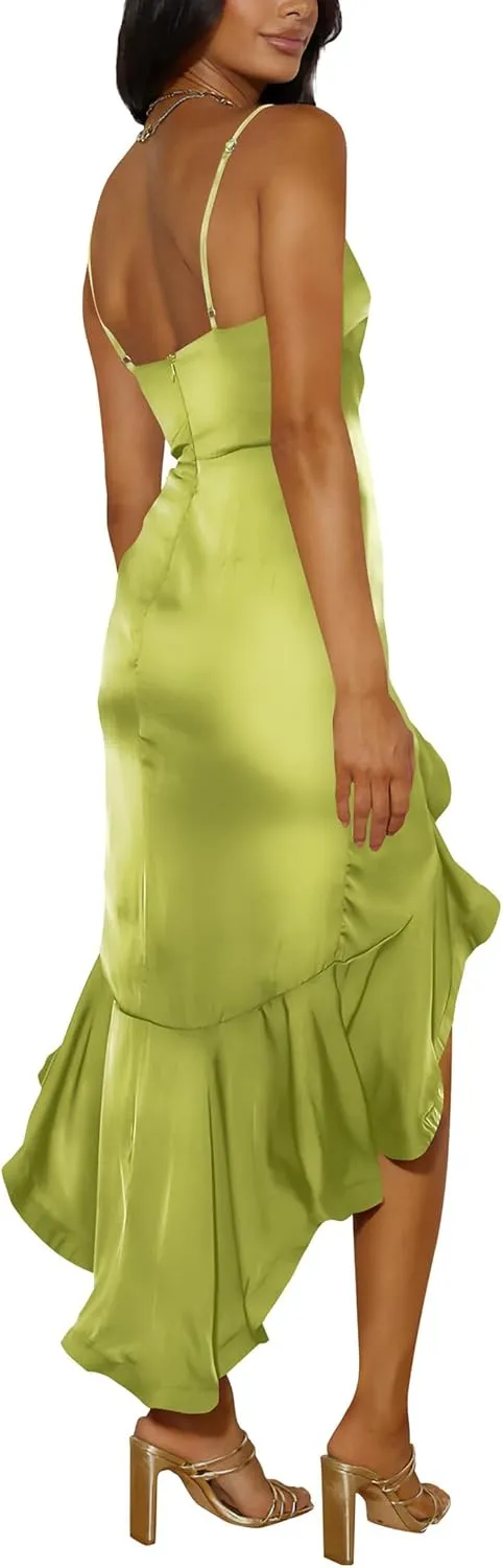 Nova In Sky Womens 2025 Sexy V-Neck Satin Party Cocktail Midi Dress Sleeveless Wrap Ruffle Mermaid Hem Formal Dresses