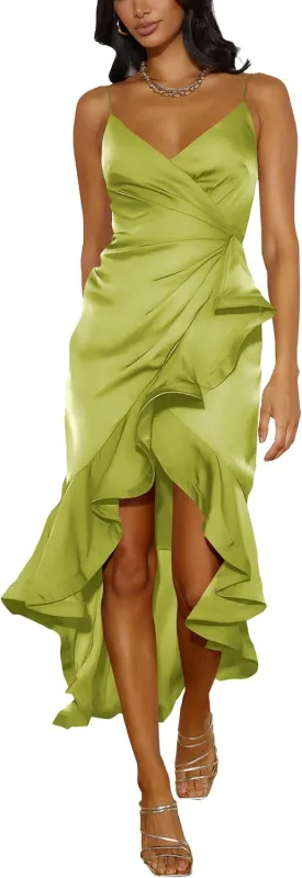 Nova In Sky Womens 2025 Sexy V-Neck Satin Party Cocktail Midi Dress Sleeveless Wrap Ruffle Mermaid Hem Formal Dresses