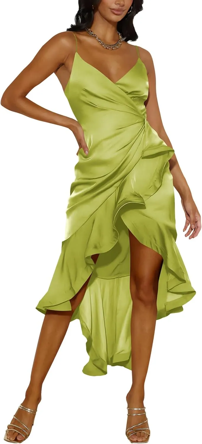 Nova In Sky Womens 2025 Sexy V-Neck Satin Party Cocktail Midi Dress Sleeveless Wrap Ruffle Mermaid Hem Formal Dresses