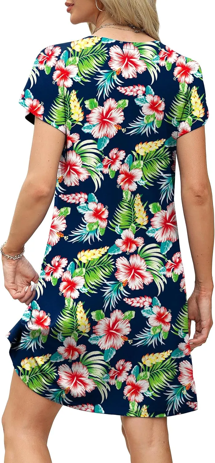 OFEEFAN Womens Summer Dresses 2025 Tulip Petal Short Sleeve V Neck Loose Swing Sundresses with Pockets Plain/Print