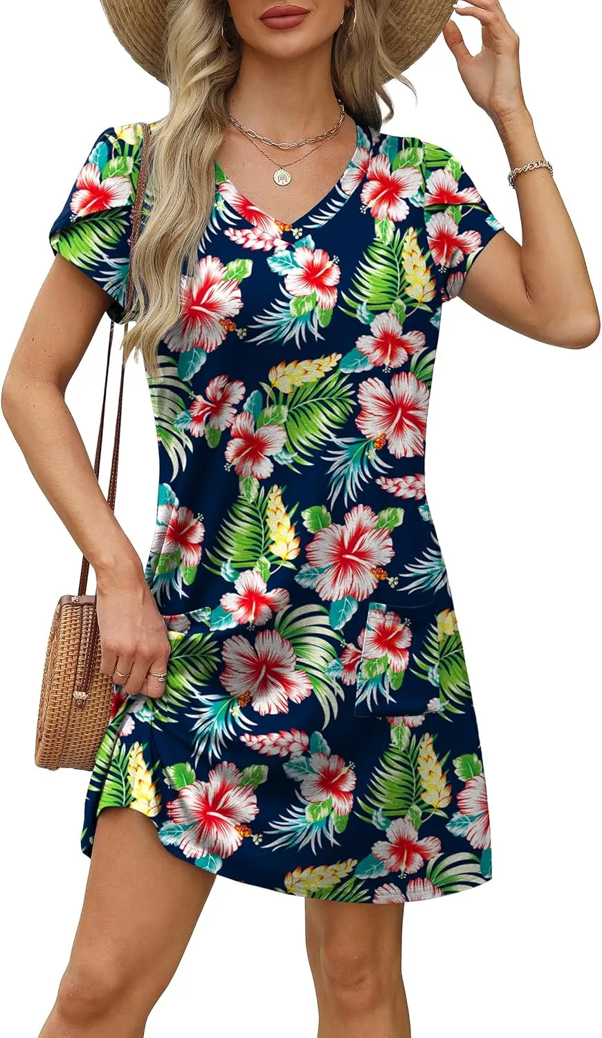 OFEEFAN Womens Summer Dresses 2025 Tulip Petal Short Sleeve V Neck Loose Swing Sundresses with Pockets Plain/Print