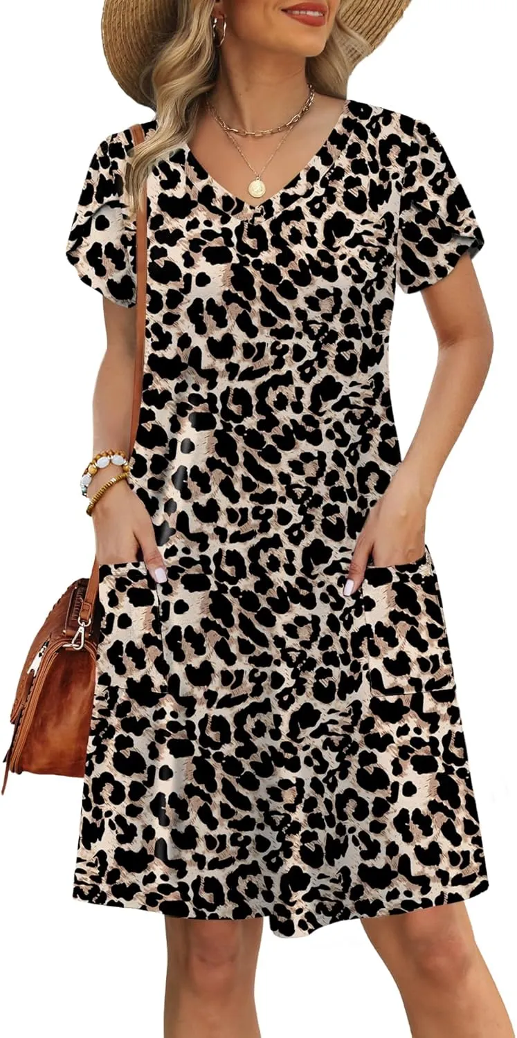 OFEEFAN Womens Summer Dresses 2025 Tulip Petal Short Sleeve V Neck Loose Swing Sundresses with Pockets Plain/Print