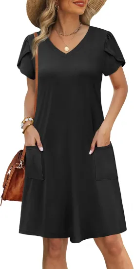 OFEEFAN Womens Summer Dresses 2025 Tulip Petal Short Sleeve V Neck Loose Swing Sundresses with Pockets Plain/Print