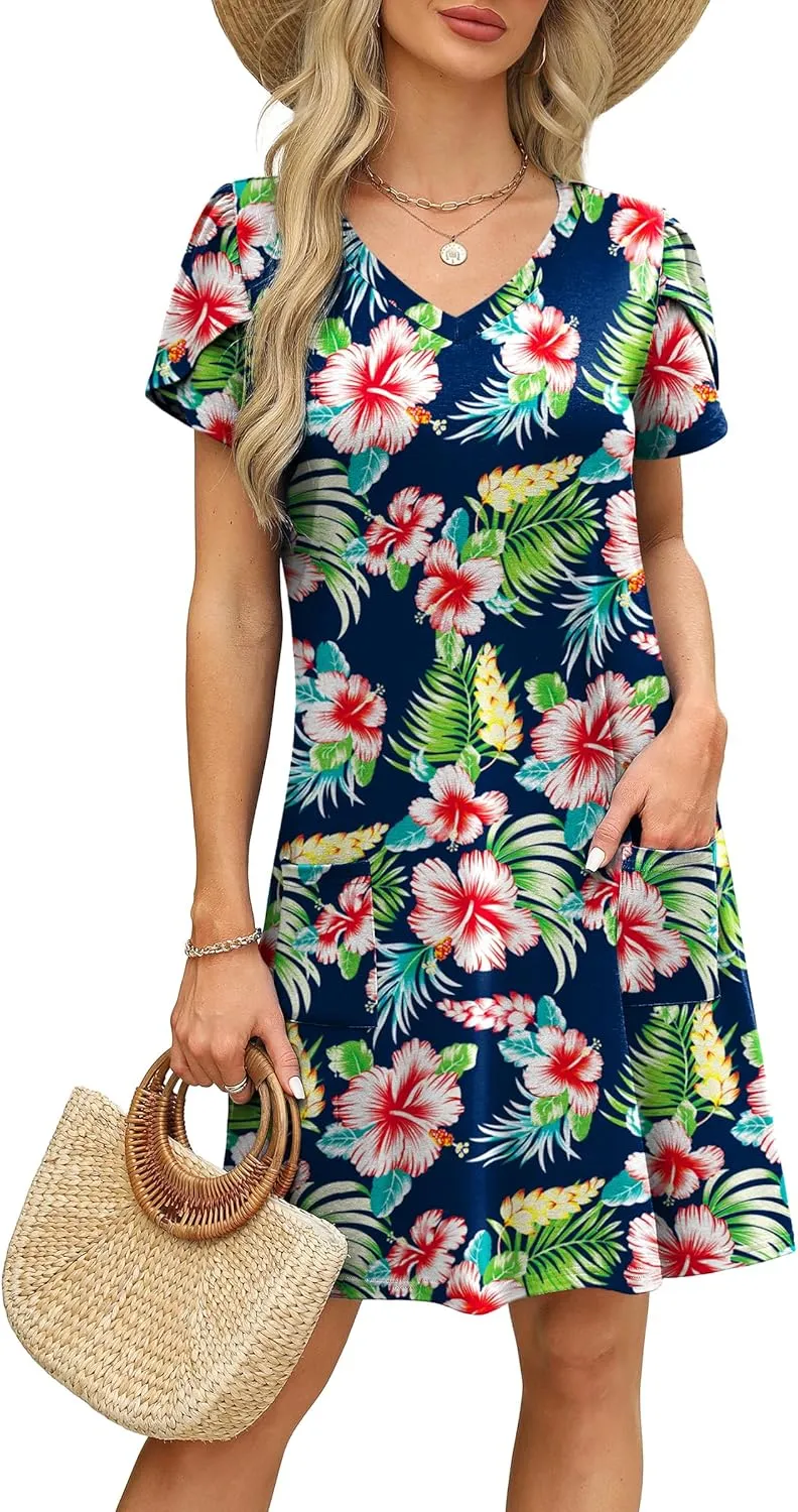 OFEEFAN Womens Summer Dresses 2025 Tulip Petal Short Sleeve V Neck Loose Swing Sundresses with Pockets Plain/Print