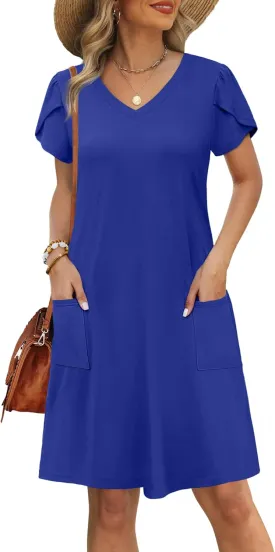 OFEEFAN Womens Summer Dresses 2025 Tulip Petal Short Sleeve V Neck Loose Swing Sundresses with Pockets Plain/Print