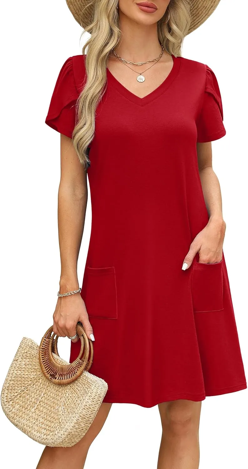 OFEEFAN Womens Summer Dresses 2025 Tulip Petal Short Sleeve V Neck Loose Swing Sundresses with Pockets Plain/Print