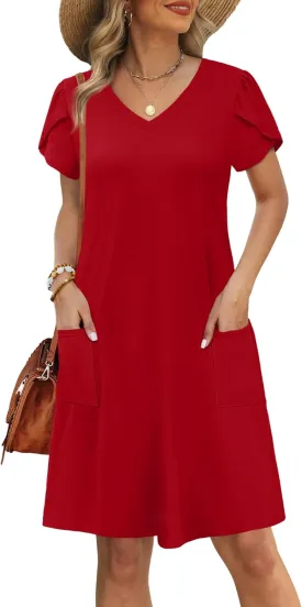 OFEEFAN Womens Summer Dresses 2025 Tulip Petal Short Sleeve V Neck Loose Swing Sundresses with Pockets Plain/Print
