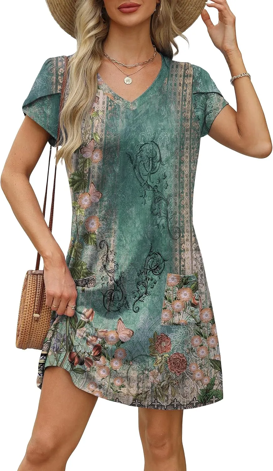 OFEEFAN Womens Summer Dresses 2025 Tulip Petal Short Sleeve V Neck Loose Swing Sundresses with Pockets Plain/Print