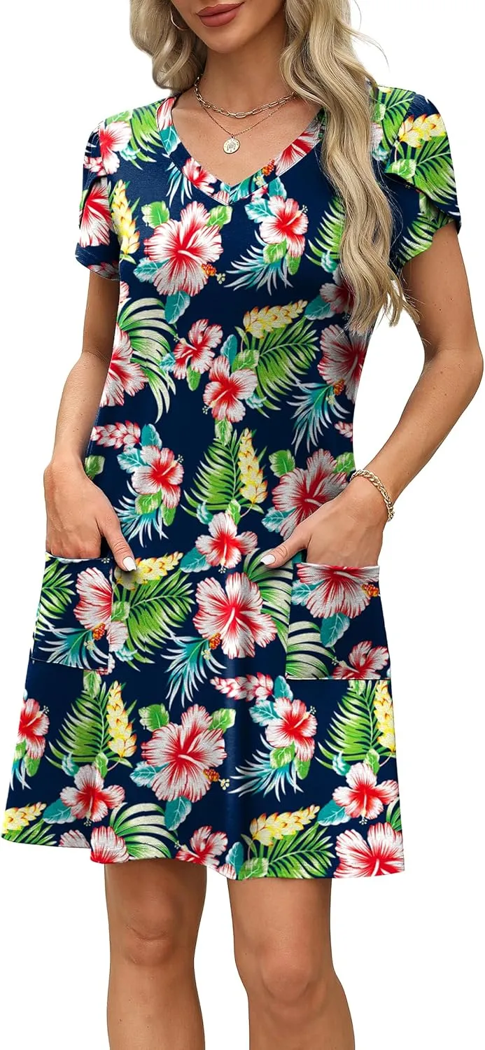 OFEEFAN Womens Summer Dresses 2025 Tulip Petal Short Sleeve V Neck Loose Swing Sundresses with Pockets Plain/Print