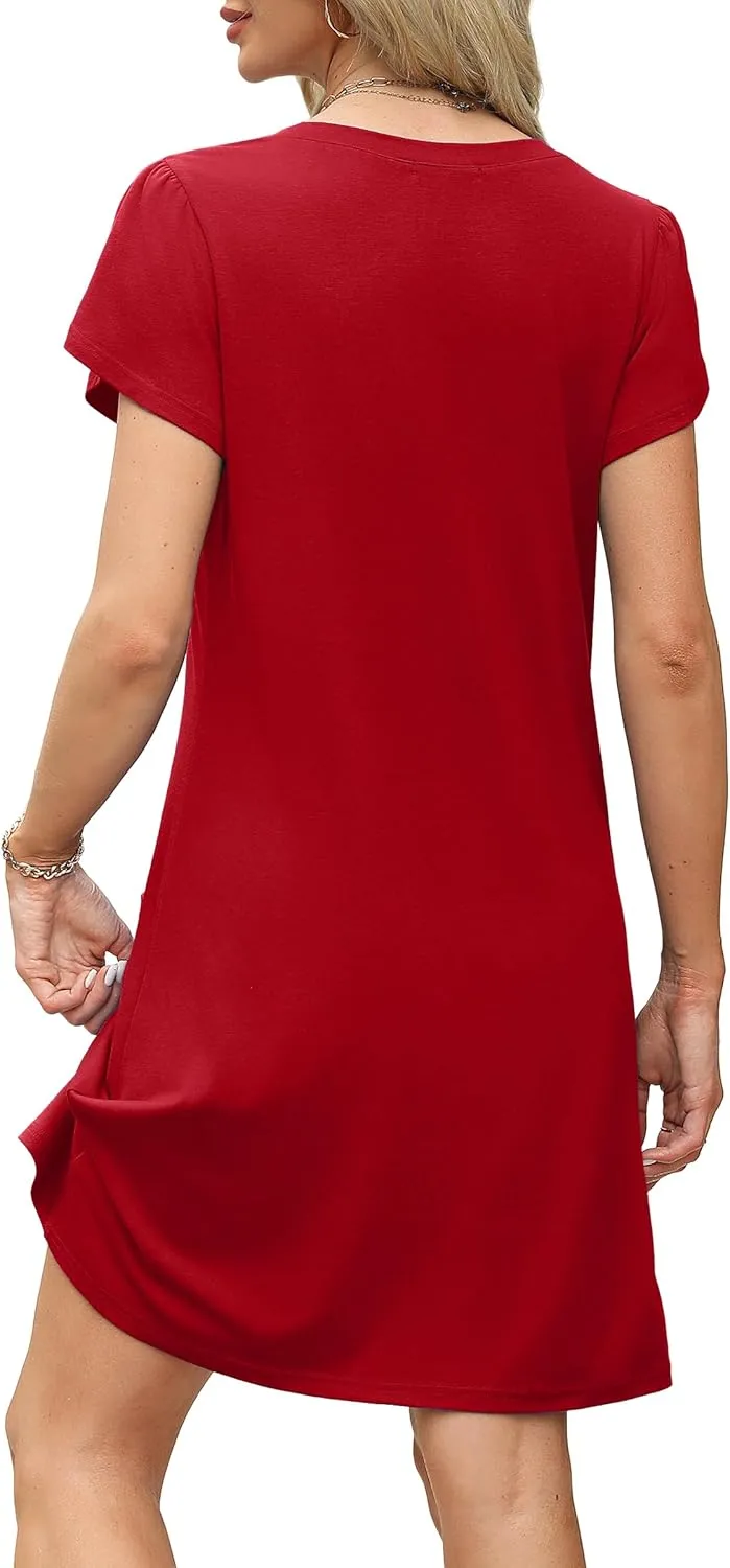 OFEEFAN Womens Summer Dresses 2025 Tulip Petal Short Sleeve V Neck Loose Swing Sundresses with Pockets Plain/Print