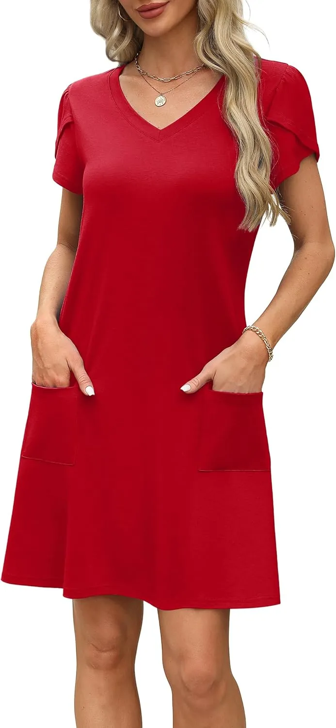 OFEEFAN Womens Summer Dresses 2025 Tulip Petal Short Sleeve V Neck Loose Swing Sundresses with Pockets Plain/Print