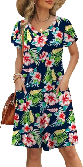 OFEEFAN Womens Summer Dresses 2025 Tulip Petal Short Sleeve V Neck Loose Swing Sundresses with Pockets Plain/Print