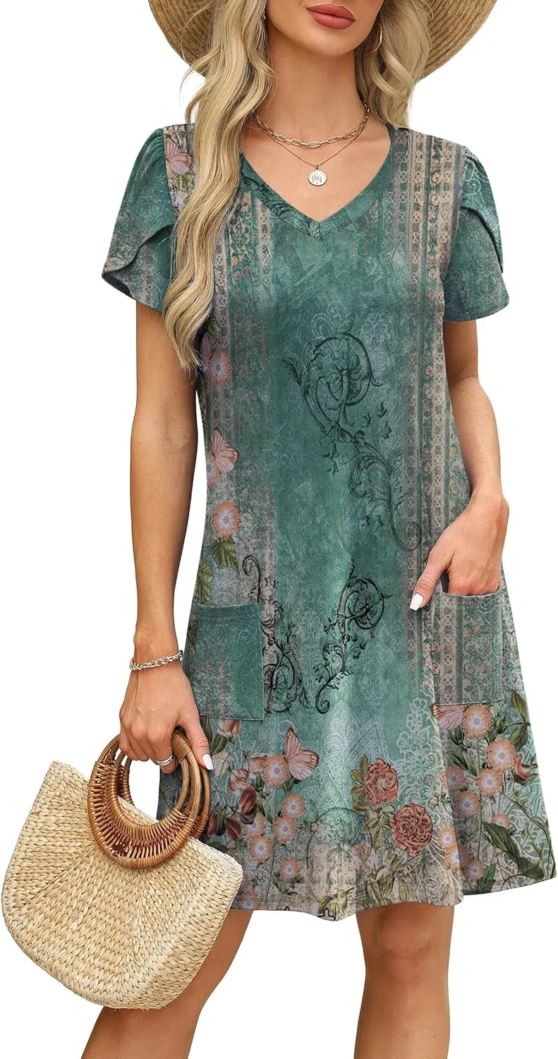 OFEEFAN Womens Summer Dresses 2025 Tulip Petal Short Sleeve V Neck Loose Swing Sundresses with Pockets Plain/Print