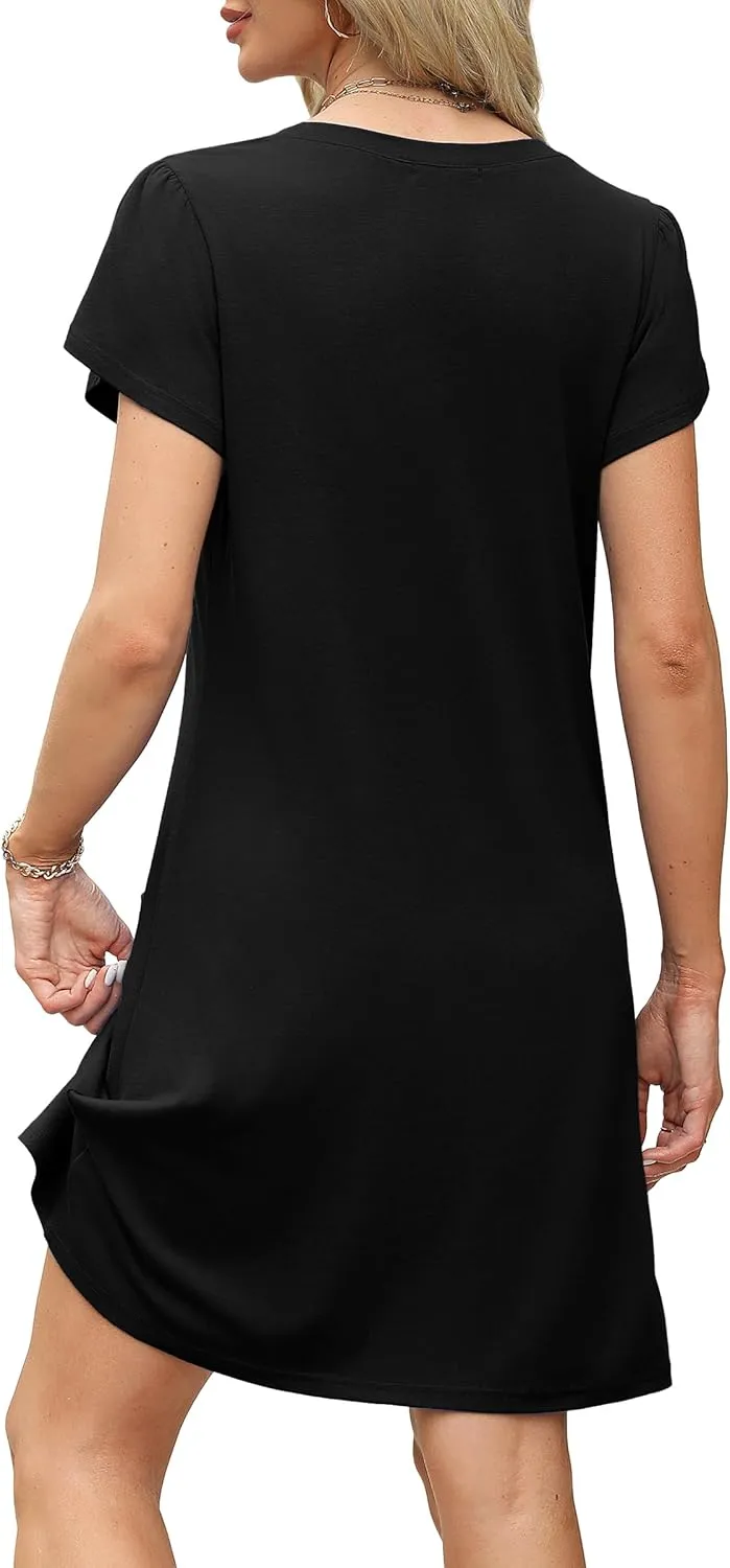 OFEEFAN Womens Summer Dresses 2025 Tulip Petal Short Sleeve V Neck Loose Swing Sundresses with Pockets Plain/Print