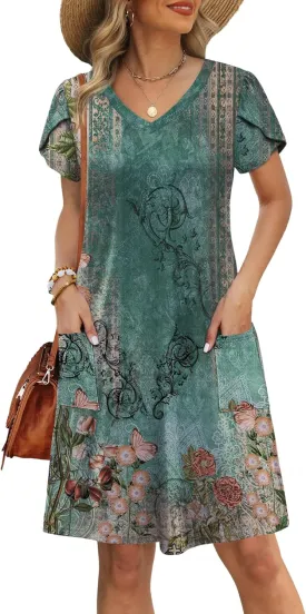 OFEEFAN Womens Summer Dresses 2025 Tulip Petal Short Sleeve V Neck Loose Swing Sundresses with Pockets Plain/Print
