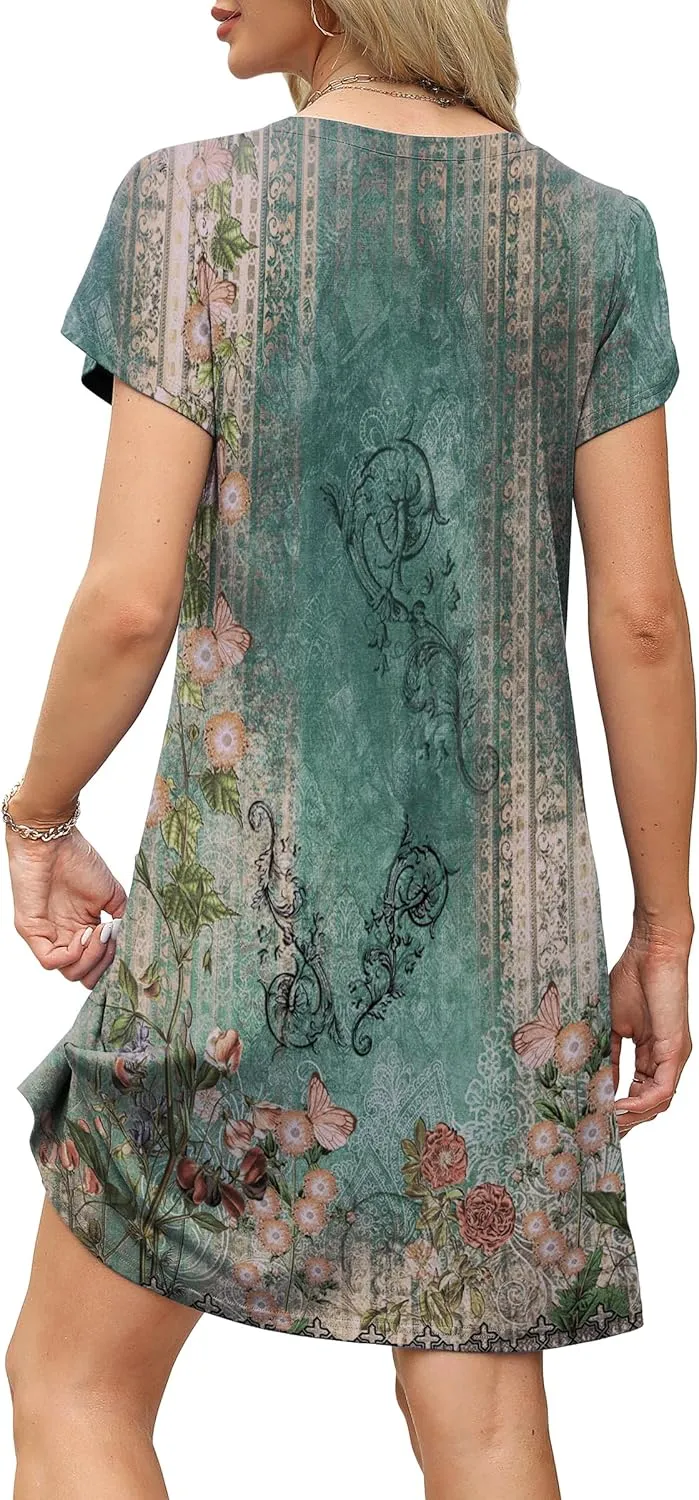OFEEFAN Womens Summer Dresses 2025 Tulip Petal Short Sleeve V Neck Loose Swing Sundresses with Pockets Plain/Print