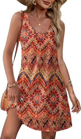 OFEEFAN Womens Summer Dresses 2025 V Neck Sleeveless Sundresses with Pockets Beach Vacation Clothes Floral/Plain