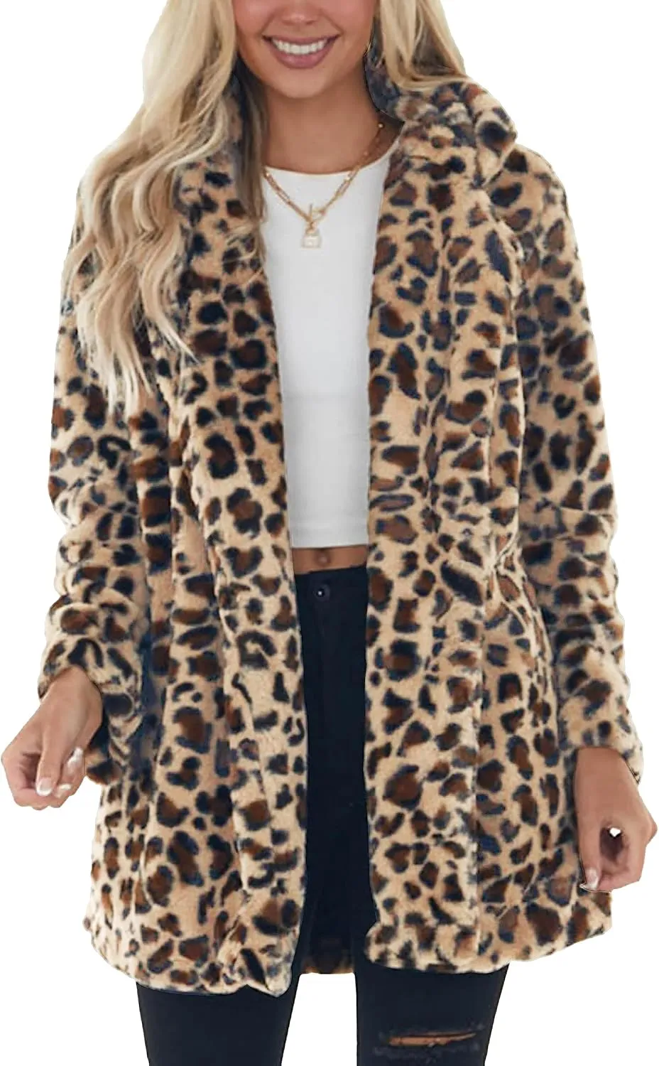 Omoone Women's Faux Fur Jackets Autumn Winter Leopard Coats Loose Fur Coat with Pockets