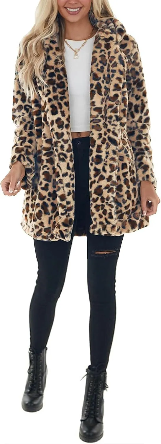 Omoone Women's Faux Fur Jackets Autumn Winter Leopard Coats Loose Fur Coat with Pockets