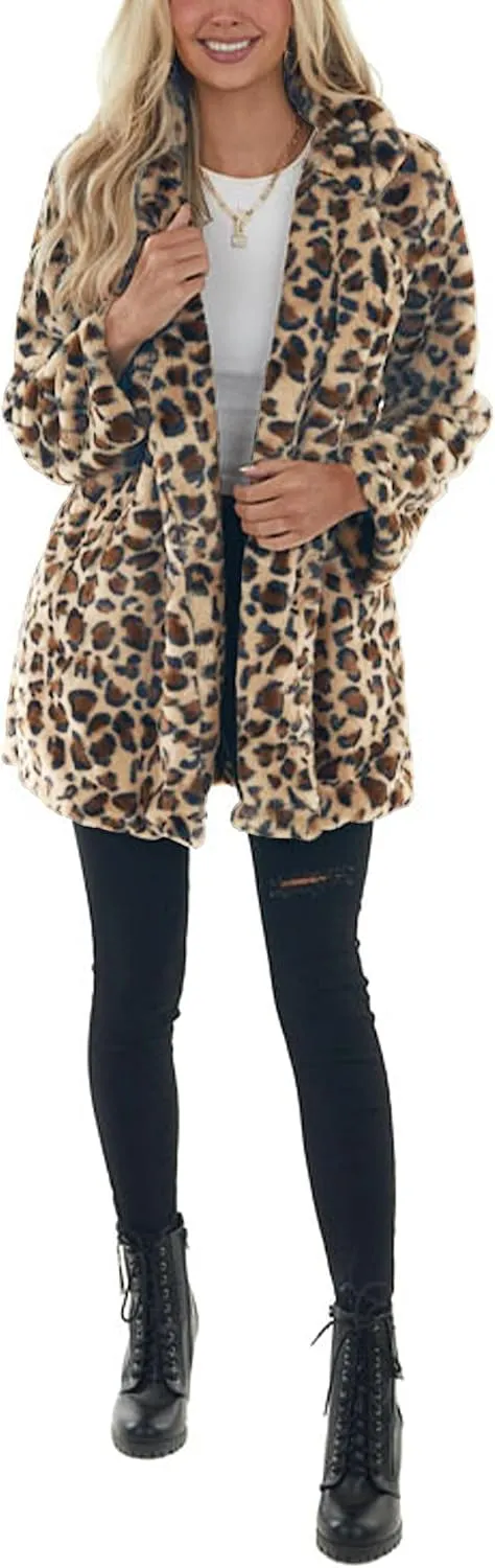 Omoone Women's Faux Fur Jackets Autumn Winter Leopard Coats Loose Fur Coat with Pockets