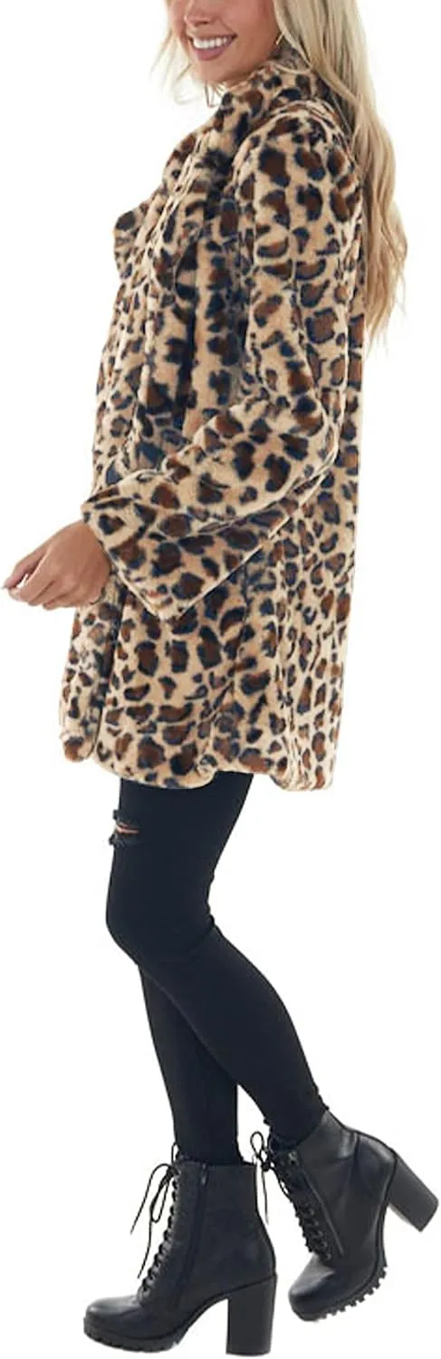 Omoone Women's Faux Fur Jackets Autumn Winter Leopard Coats Loose Fur Coat with Pockets