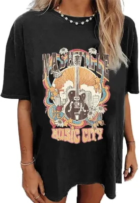 Oversized Rock Band T-Shirt Women Country Music Shirt Tops Nashville Music City Tshirt Vintage Guitar Wings Graphic Tees