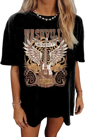 Oversized Rock Band T-Shirt Women Country Music Shirt Tops Nashville Music City Tshirt Vintage Guitar Wings Graphic Tees