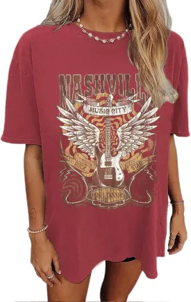 Oversized Rock Band T-Shirt Women Country Music Shirt Tops Nashville Music City Tshirt Vintage Guitar Wings Graphic Tees