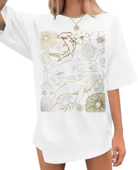 Oversized Tshirts Cute Tops for Women Shark Flower Graphic Tees Tops Summer Casual Loose Beach Vacation Shirts