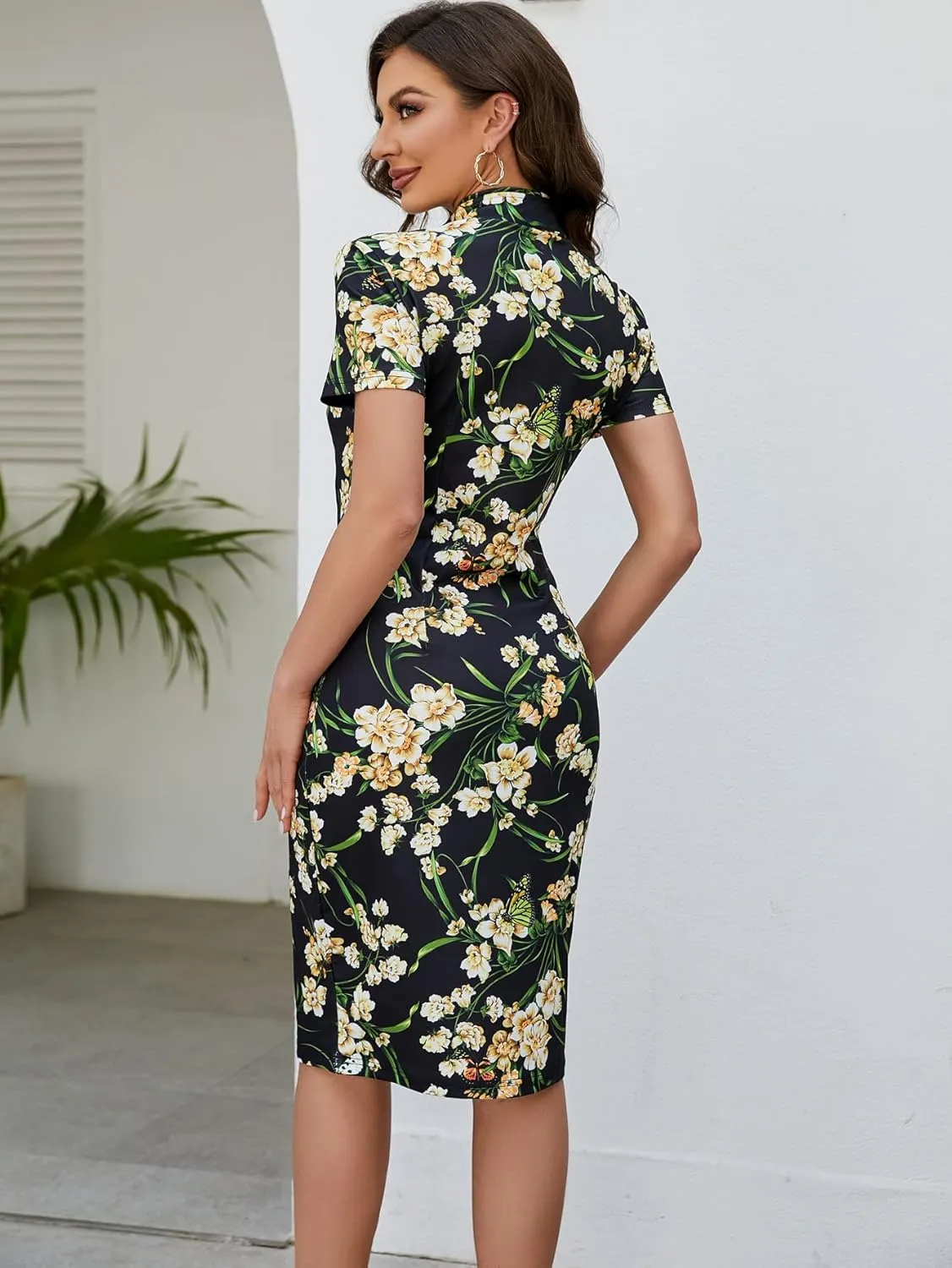 oxiuly Women's Vintage Floral Flare Party Wedding Stretch Bodycon Dresses Casual Work Pencil Dress OX183