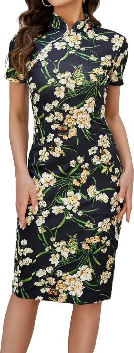 oxiuly Women's Vintage Floral Flare Party Wedding Stretch Bodycon Dresses Casual Work Pencil Dress OX183