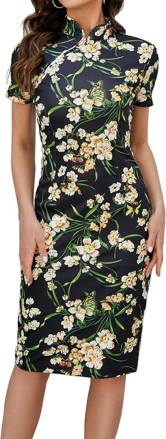 oxiuly Women's Vintage Floral Flare Party Wedding Stretch Bodycon Dresses Casual Work Pencil Dress OX183
