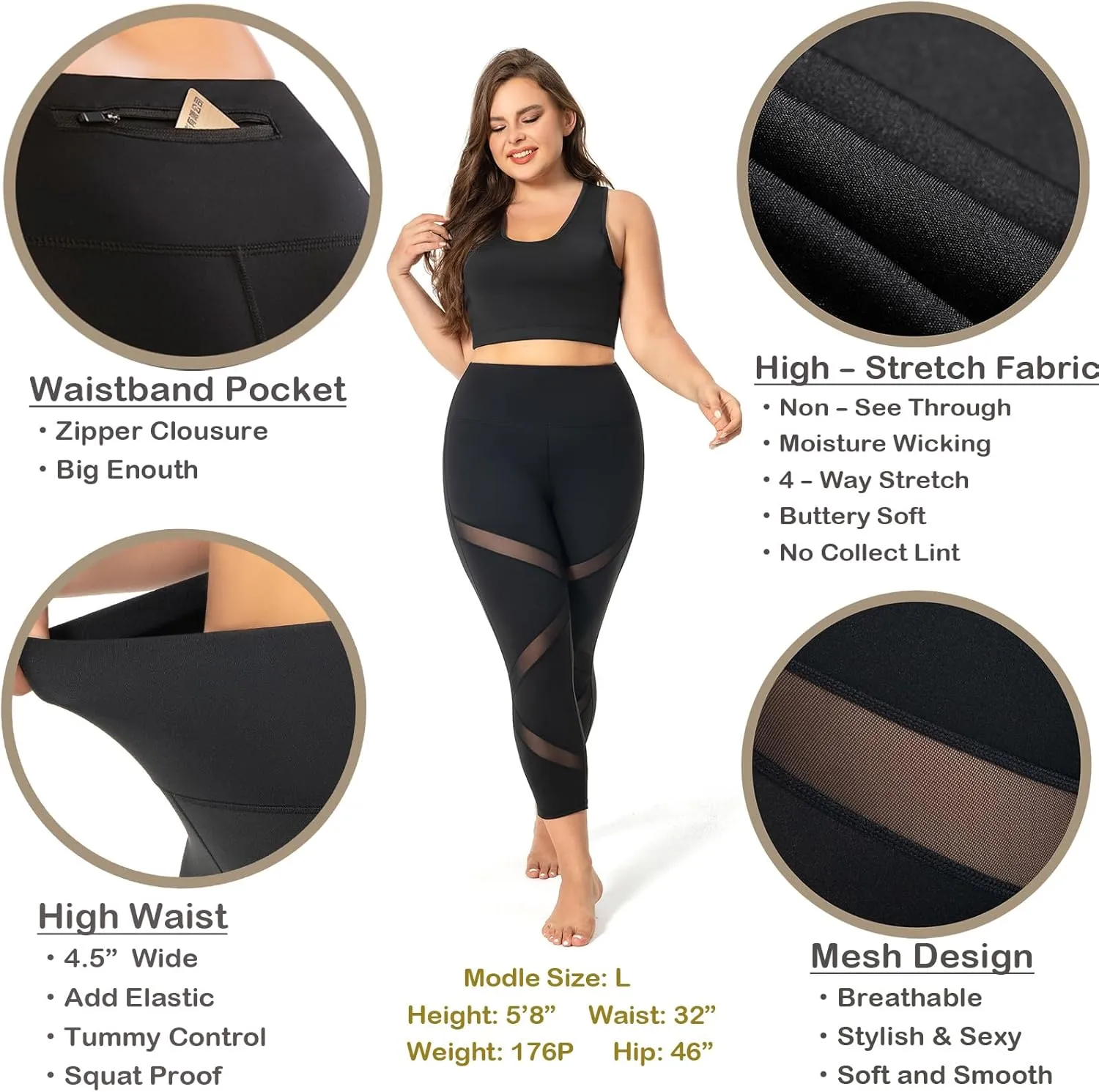 Plus Size Capri Leggings for Women with Pockets, Butt Lifting Yoga Pants Tummy Control, L-5XL Workout Leggings