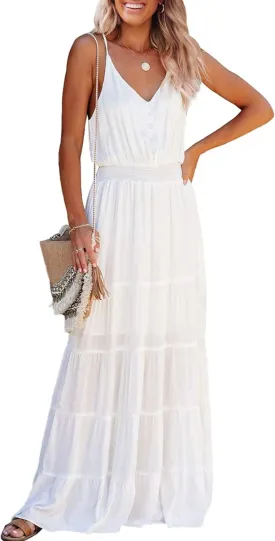 PRETTYGARDEN Sundress for Women 2025 Summer Spaghetti Strap Sleeveless High Waist Beach Long Maxi Dresses