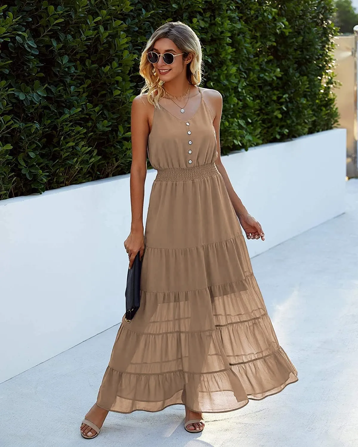 PRETTYGARDEN Sundress for Women 2025 Summer Spaghetti Strap Sleeveless High Waist Beach Long Maxi Dresses