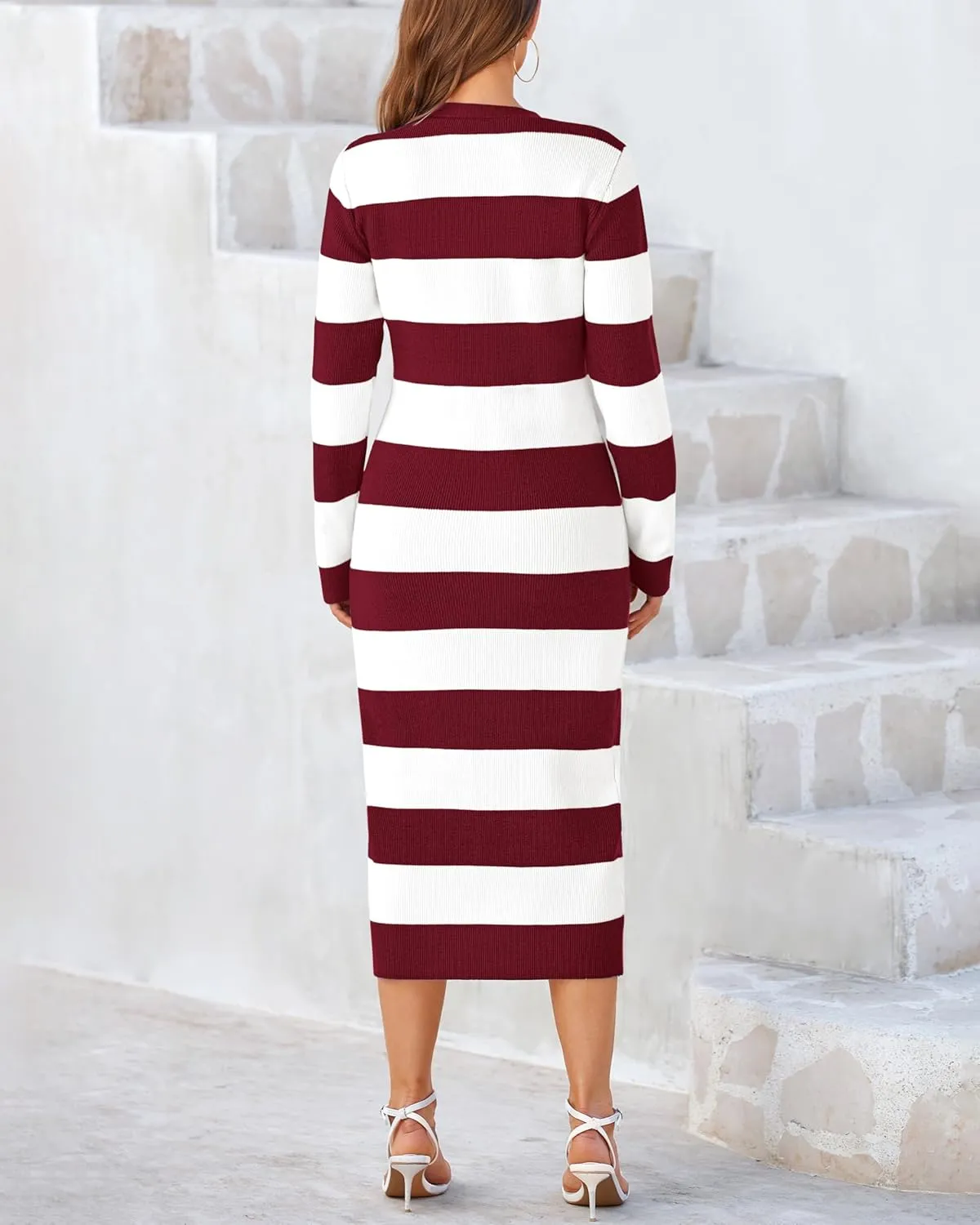 PRETTYGARDEN Women's Dresses 2025 Fall Long Sleeve V Neck Button Down Ribbed Knit Stripes Bodycon Midi Sweater Dress