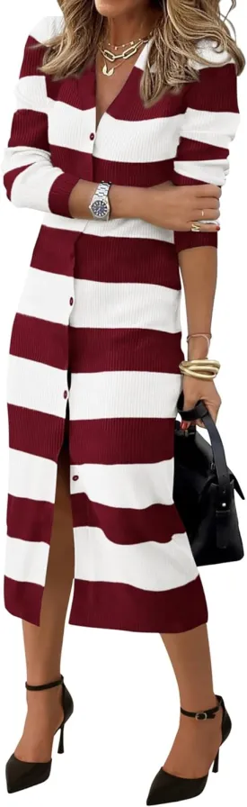 PRETTYGARDEN Women's Dresses 2025 Fall Long Sleeve V Neck Button Down Ribbed Knit Stripes Bodycon Midi Sweater Dress