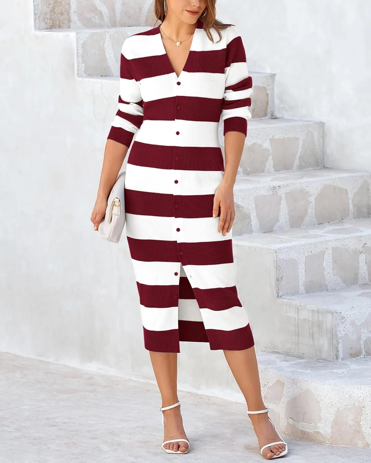 PRETTYGARDEN Women's Dresses 2025 Fall Long Sleeve V Neck Button Down Ribbed Knit Stripes Bodycon Midi Sweater Dress