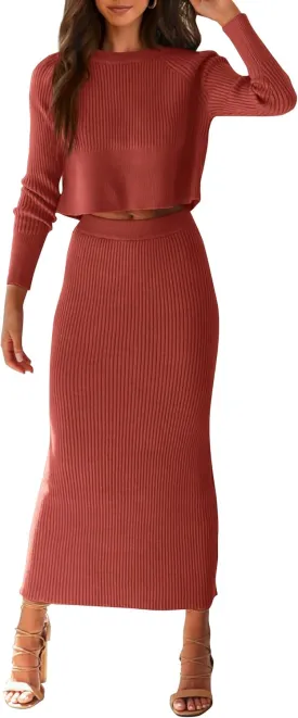 PRETTYGARDEN Women's Spring Fall 2 Piece Sweater Set Rib Knit Long Sleeve Crop Top Maxi Bodycon Skirt Casual Winter Outfits