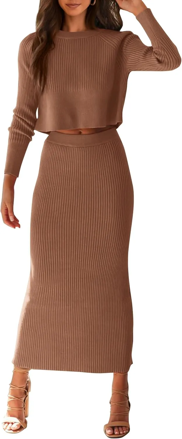 PRETTYGARDEN Women's Spring Fall 2 Piece Sweater Set Rib Knit Long Sleeve Crop Top Maxi Bodycon Skirt Casual Winter Outfits